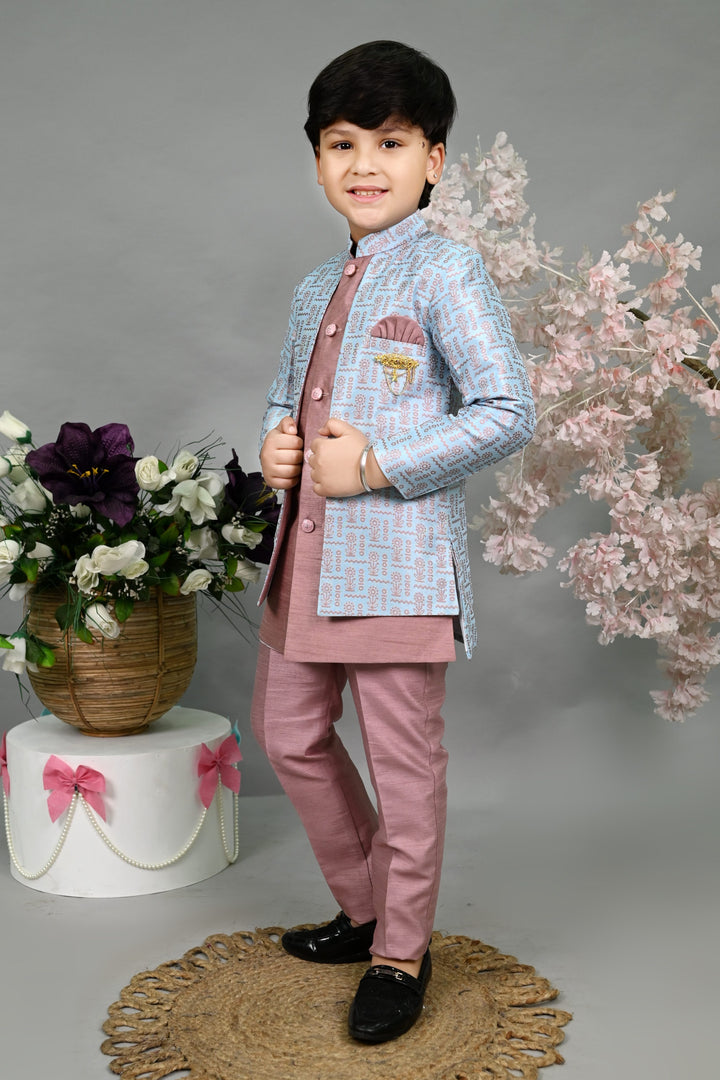 AHHAAAA Kids' Embroidered Jacquard Silk Sherwani – Boys' Wedding Sherwani Set with Festive Ethnic Prints |575|