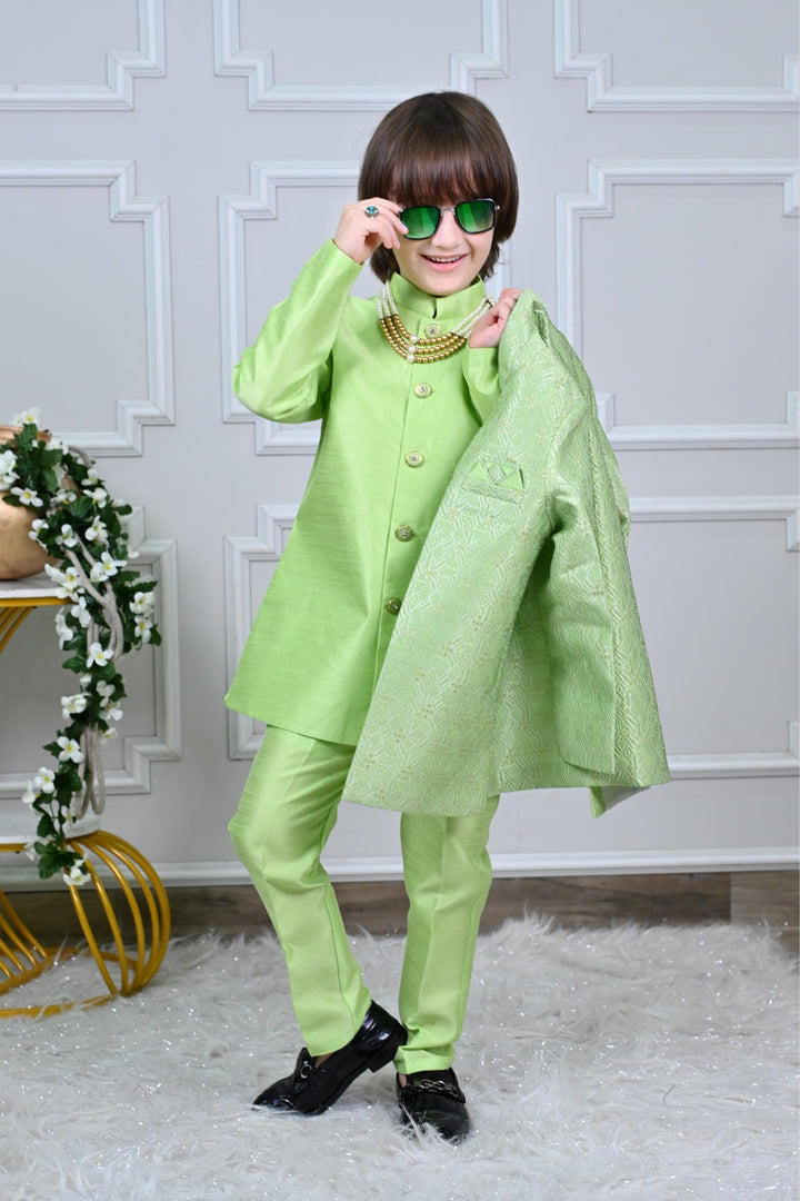 Ahhaaaa Kids Sequin Embedded Indo-Western Kurta, Pajama and Waistcoat Set for Boys Green