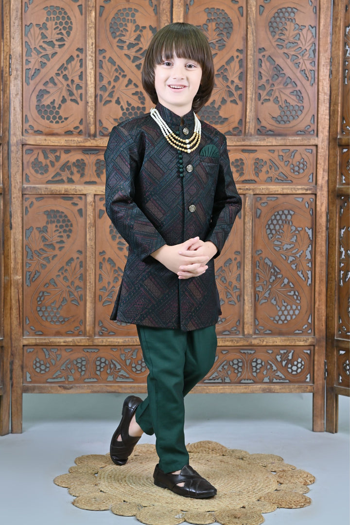 Ahhaaaa Kids Ethnic Jacquard Silk Floral Print Indo-Western Sherwani Set for Boys