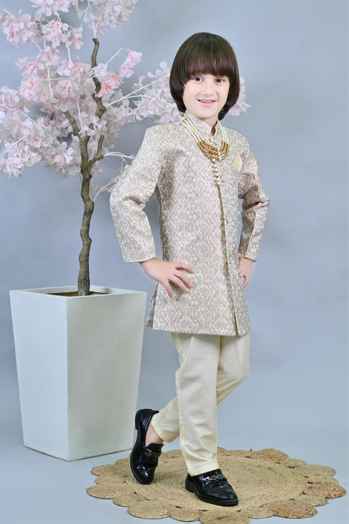 Ahhaaaa Kids Ethnic Jacquard Floral Printed Indo-Western Sherwani Set for Boys