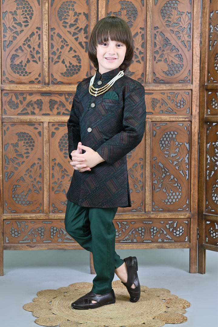 Ahhaaaa Kids Ethnic Jacquard Silk Floral Print Indo-Western Sherwani Set for Boys