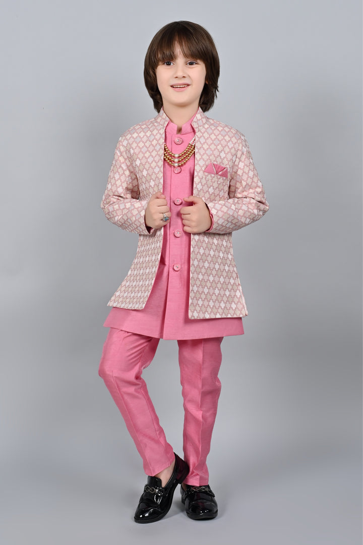 Ahhaaaa Kids Zari Work Indo-Western Kurta, Pajama and Waistcoat Ethnic Set For Boys