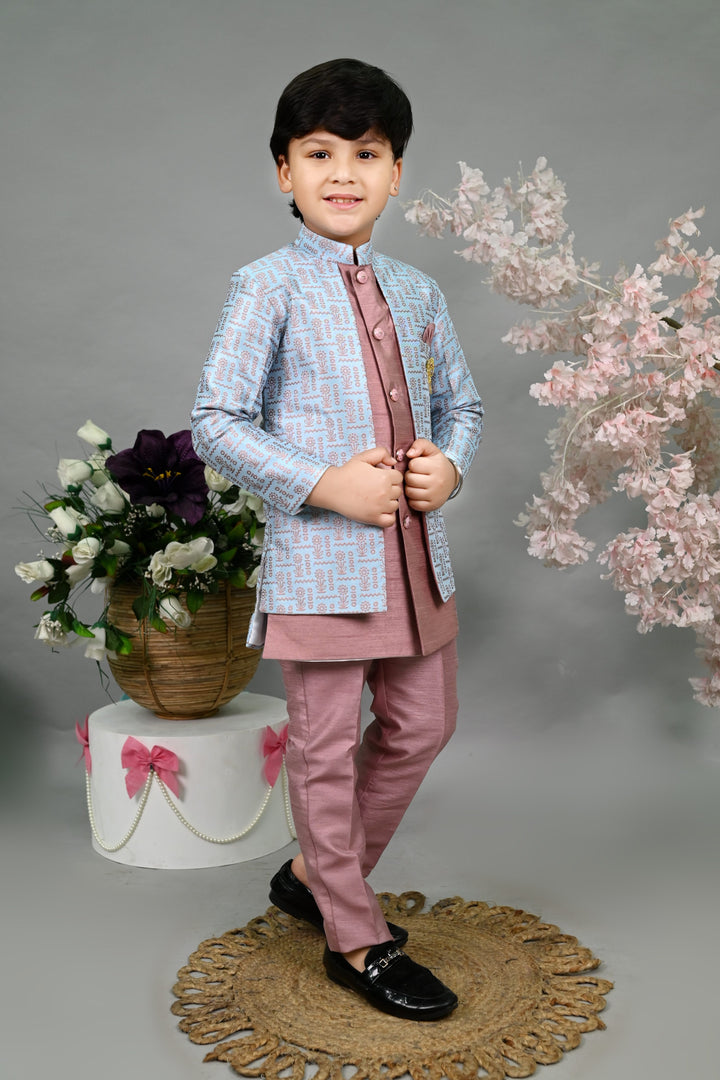 AHHAAAA Kids' Embroidered Jacquard Silk Sherwani – Boys' Wedding Sherwani Set with Festive Ethnic Prints |575|