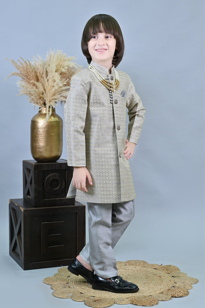 Ahhaaaa Kids Ethnic Silk Embroidered Hand-Work Indo-Western Sherwani Set for Boys