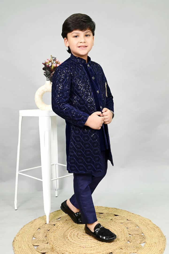 AHHAAAA Boys Velvet Embroidered 2-Piece Sherwani Set with Solid Pajama Pants – Elegant Traditional Outfit for Kids|573|