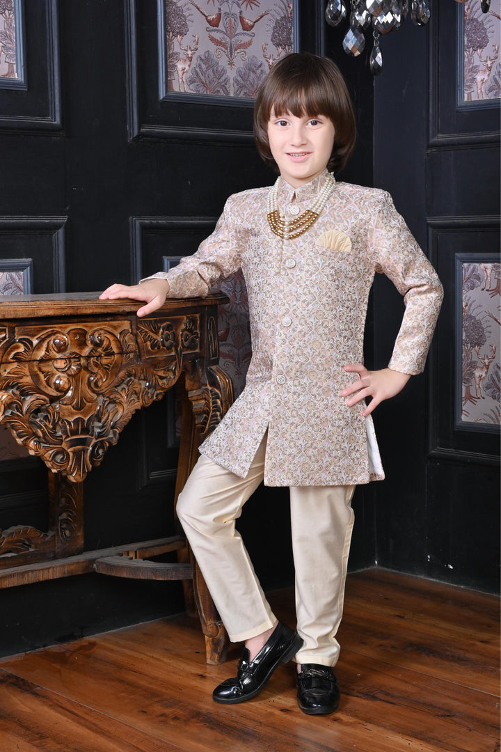 Ahhaaaa Kids Ethnic Jacquard Floral Printed Indo-Western Sherwani Set for Boys Beige