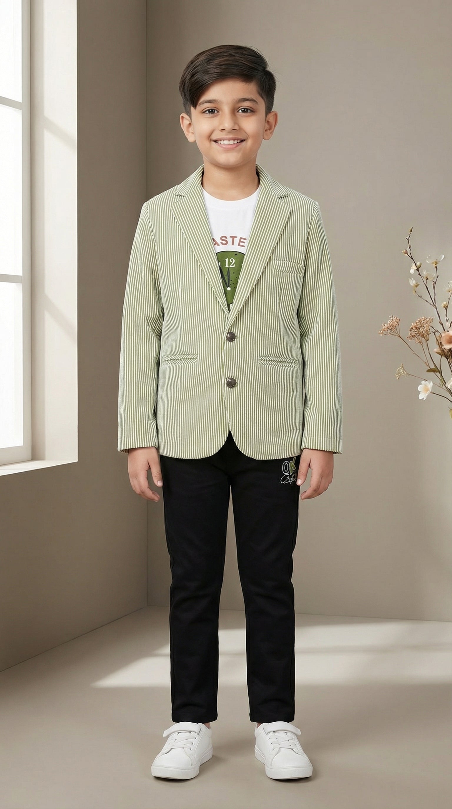 Ahhaaaa Boys' Luxury Japani Silk Striped Indo-Western Blazer & Trouser Set (Ages 2-8Y) Green