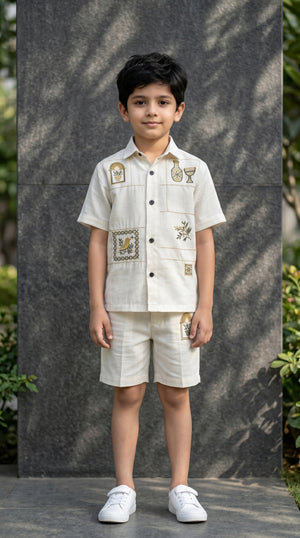 Ahhaaaa Boys Embroidered Summer Co-ord Set - Beige Shirt & Shorts (1-7 Years) Cream