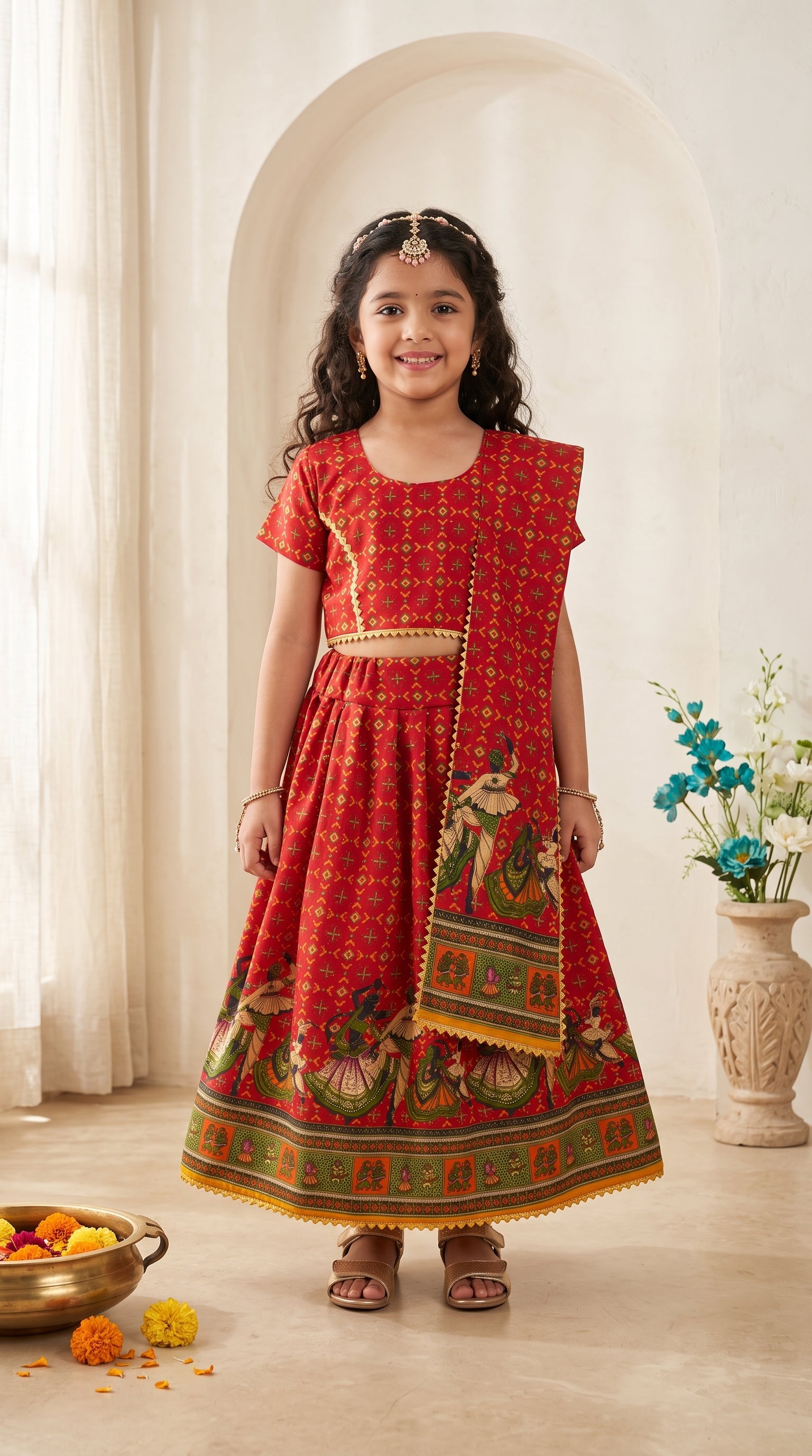 Ahhaaaa Girls' Traditional Dandiya Print Chaniya Choli | Festive Lehenga Blouse & Draped Dupatta 3-Piece Set Red