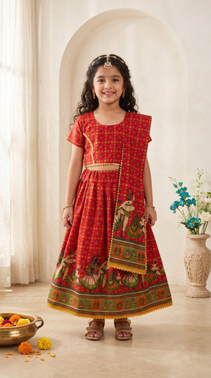 Ahhaaaa Girls' Traditional Dandiya Print Chaniya Choli | Festive Lehenga Blouse & Draped Dupatta 3-Piece Set Red