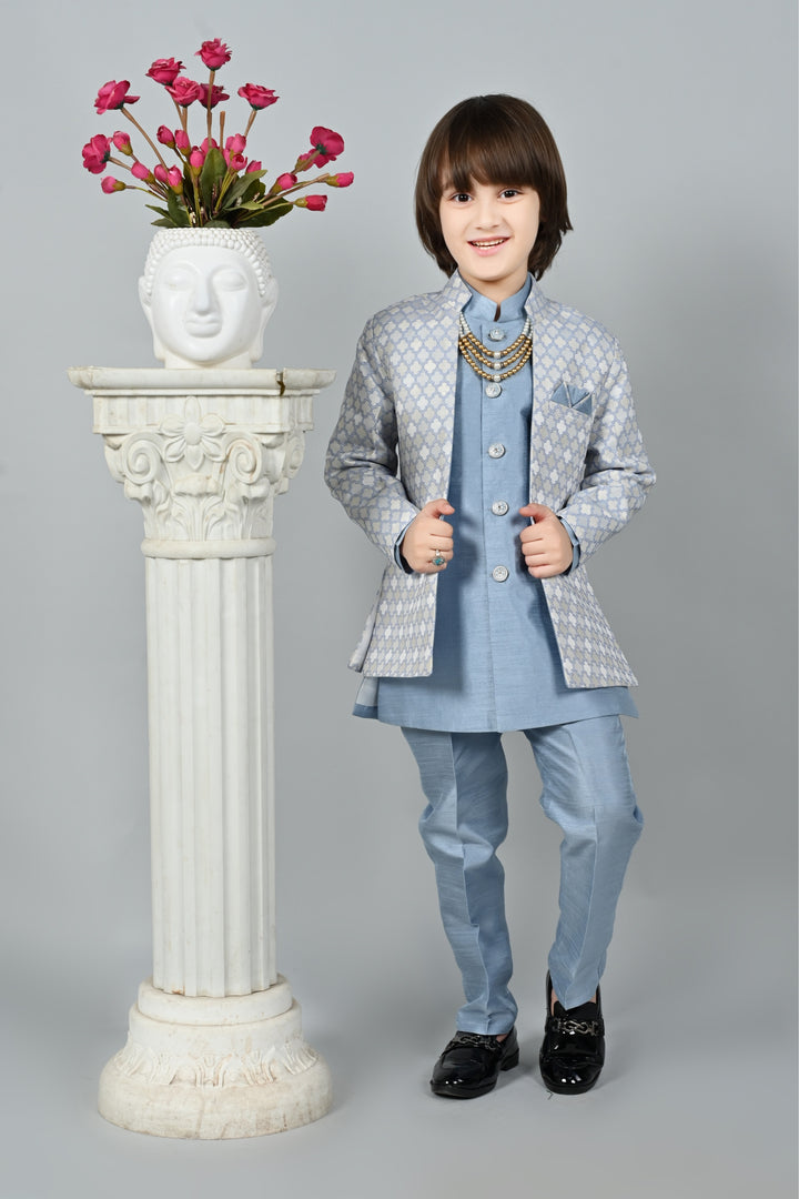 Ahhaaaa Kids Zari Work Indo-Western Kurta, Pajama and Waistcoat Ethnic Set For Boys