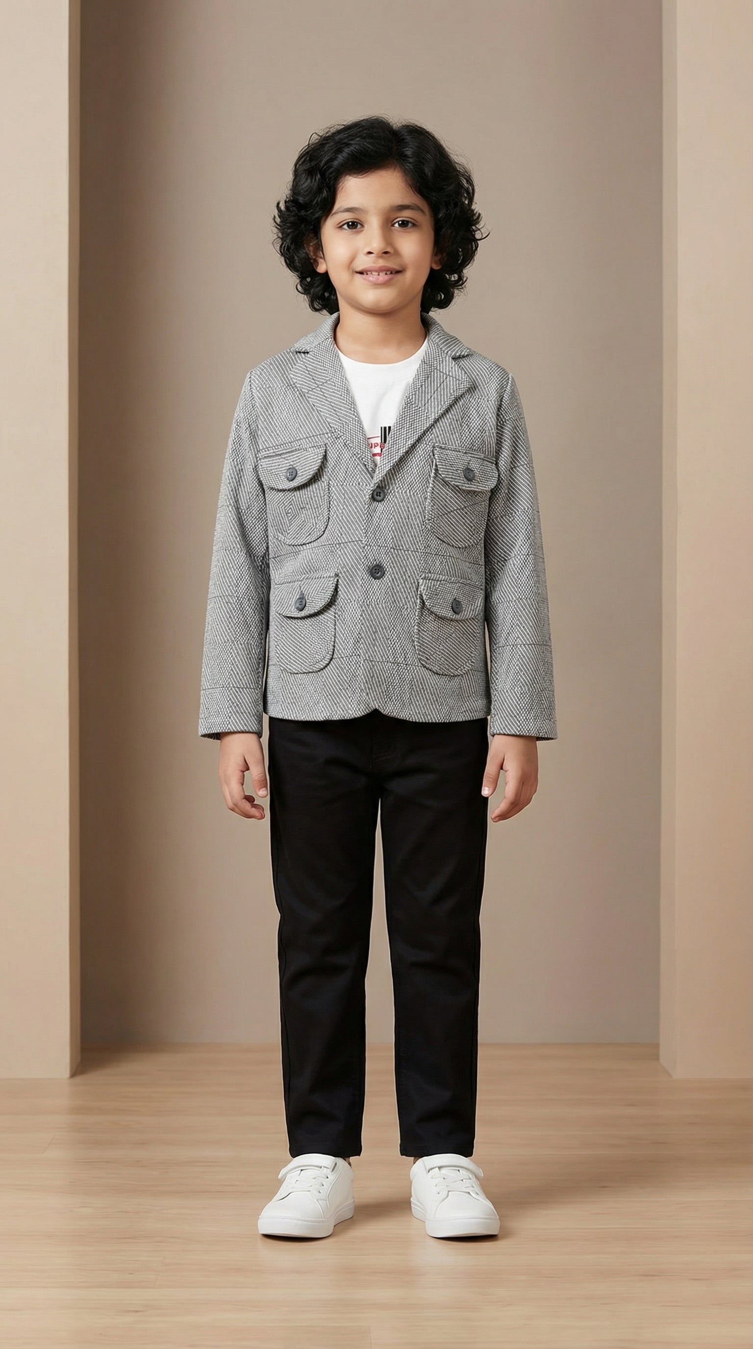 Ahhaaaa Boys' Japani Silk Indo-Western Safari Suit Set (Beige and Grey) Gray