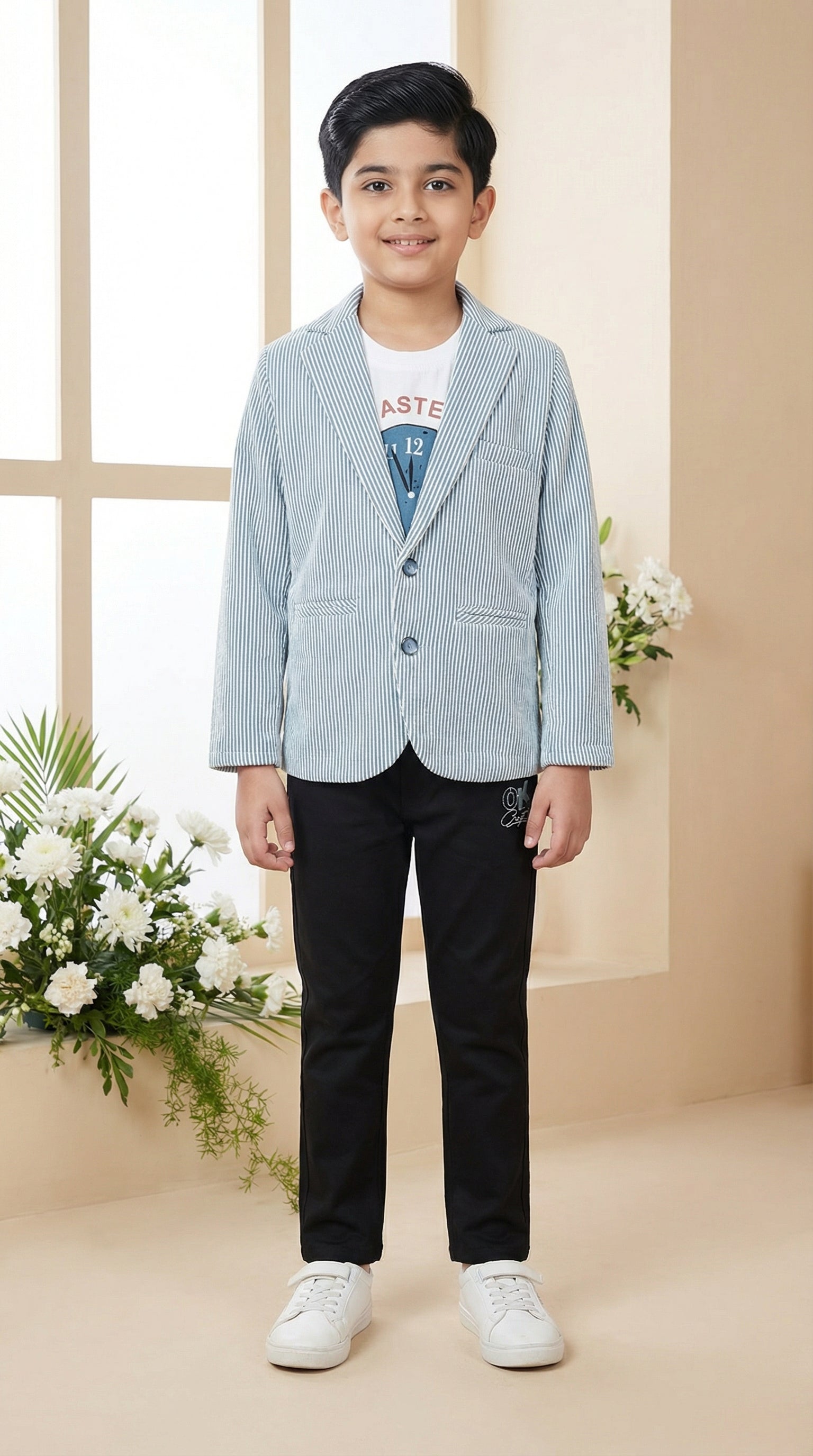 Ahhaaaa Boys' Luxury Japani Silk Striped Indo-Western Blazer & Trouser Set (Ages 2-8Y) Blue