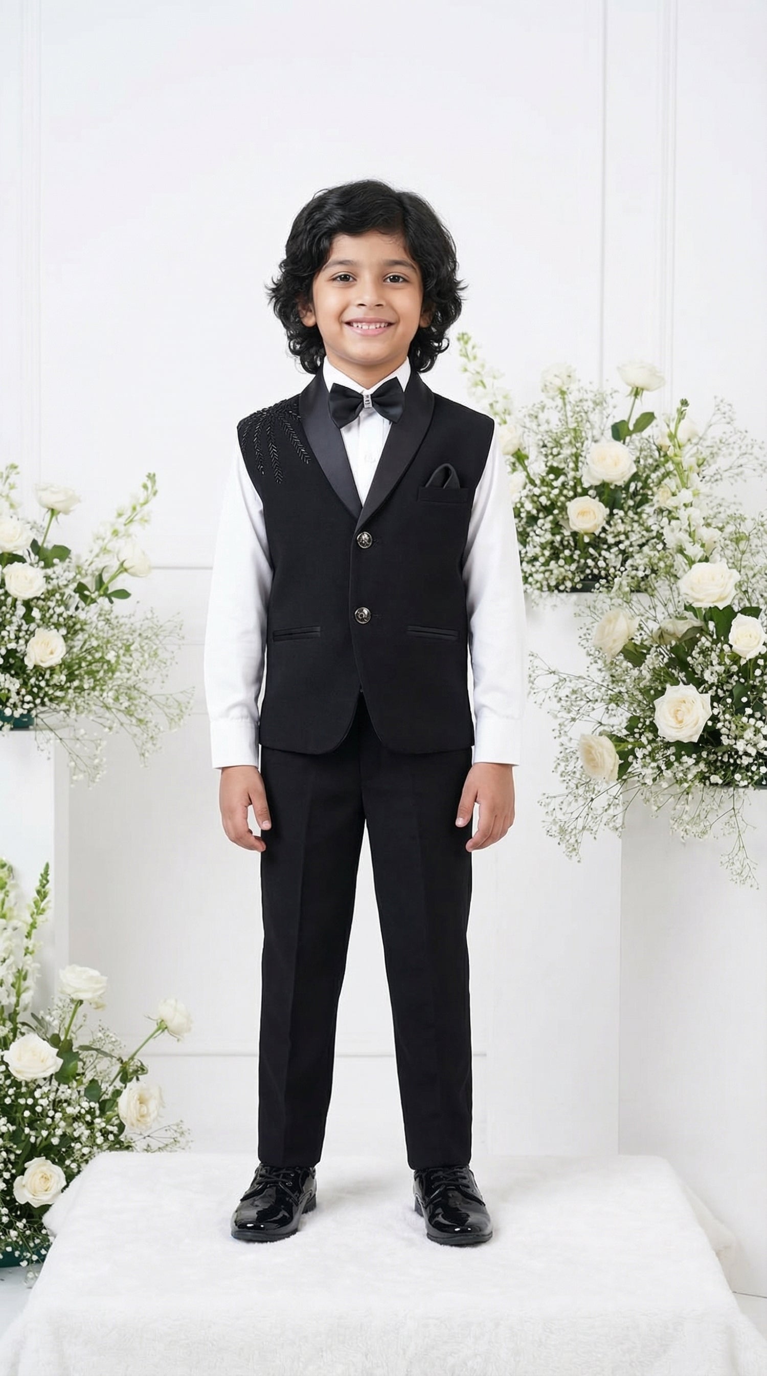 Ahhaaaa Boys Luxury Black Japani Silk Tuxedo Suit with Shoulder Embroidery (2-8 Years)