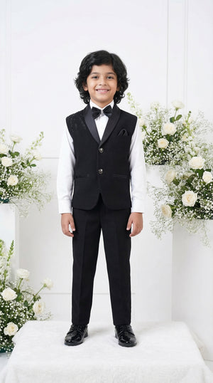 Ahhaaaa Boys Luxury Black Japani Silk Tuxedo Suit with Shoulder Embroidery (2-8 Years)