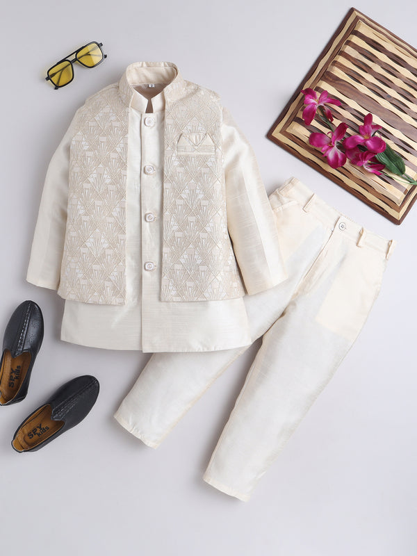 Ahhaaaa Kids Ethnic Silk Blend Waistcoat Kurta Pyjama Sherwani Set For Boys Gold