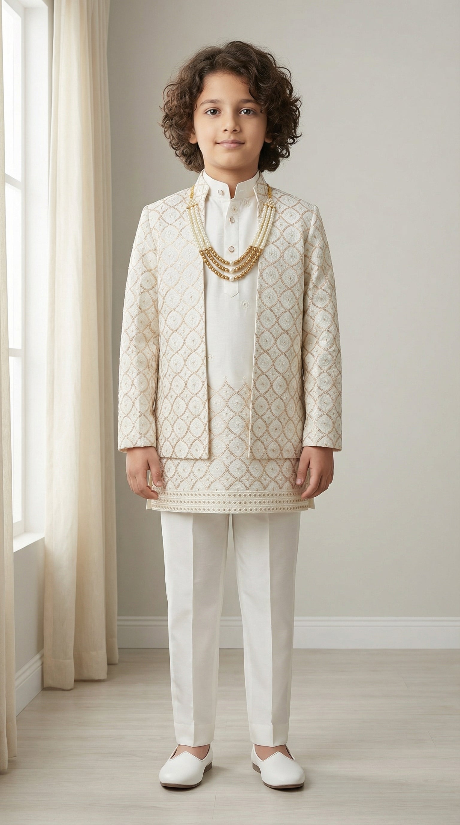 Ahhaaaa Boys 3-Piece Indo-Western Set with Embroidered Jacket & Kurta - Black, Pink, White (2-11 Years) White