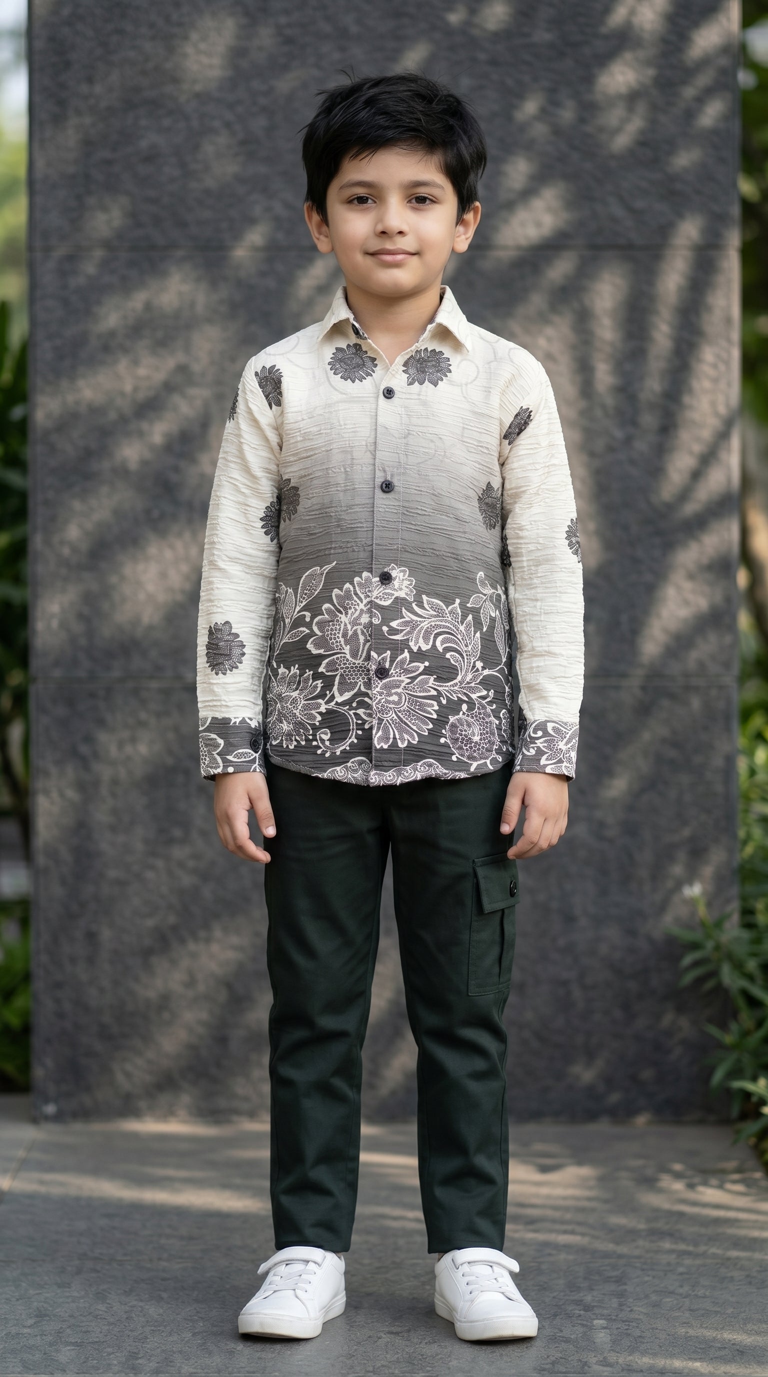 Ahhaaaa Boys Designer Textured Ombre Floral Shirt & Cargo Pant Set - Blue, Grey, Purple (2-8 Years) Gray