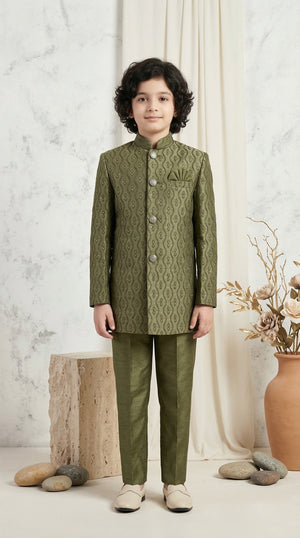 Ahhaaaa Boys Designer Jodhpuri Bandhgala Suit Set - Green, Pink, Cream (2-11 Years) Dark Green