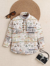 Ahhaaaa Boys' Ethnic Printed Cotton Blend Full Sleeve Kurta Shirt - Casual Traditional Wear for Kids Dark Green