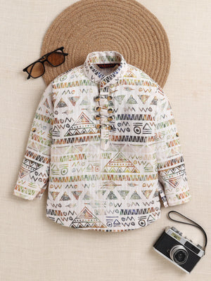 Ahhaaaa Boys' Ethnic Printed Cotton Blend Full Sleeve Kurta Shirt - Casual Traditional Wear for Kids Dark Green