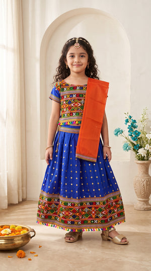 Ahhaaaa Girls' Traditional Dandiya Print Chaniya Choli | Festive Lehenga Blouse & Draped Dupatta 3-Piece Set Blue