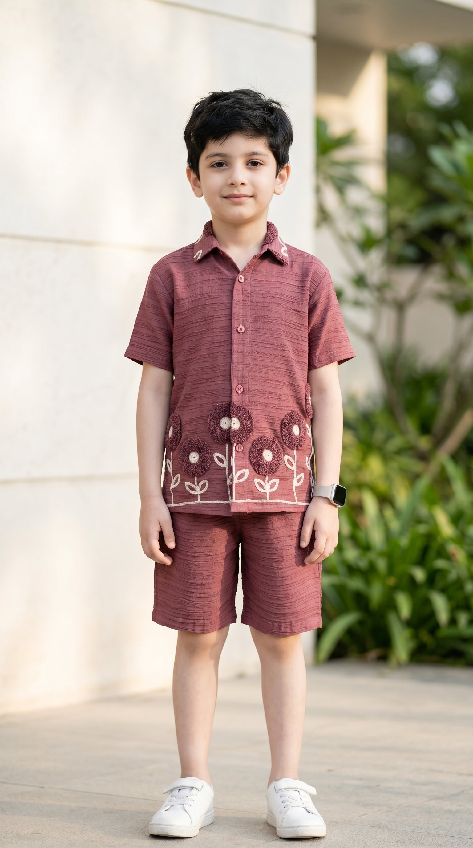 Ahhaaaa Boys Textured Co-ord Set with 3D Floral Embroidery - Shirt & Shorts (Brown, Green, Pink) Pink