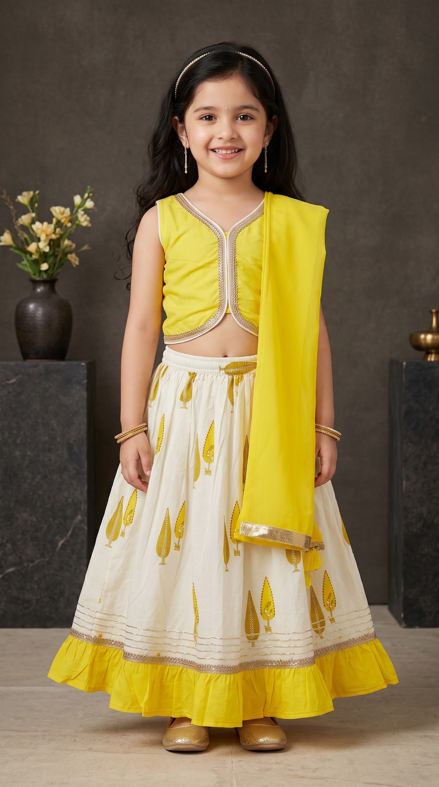 Ahhaaaa Girls 3-Piece Cotton Printed Lehenga Choli & Dupatta Set - Blue, Yellow (12M - 7Y)
