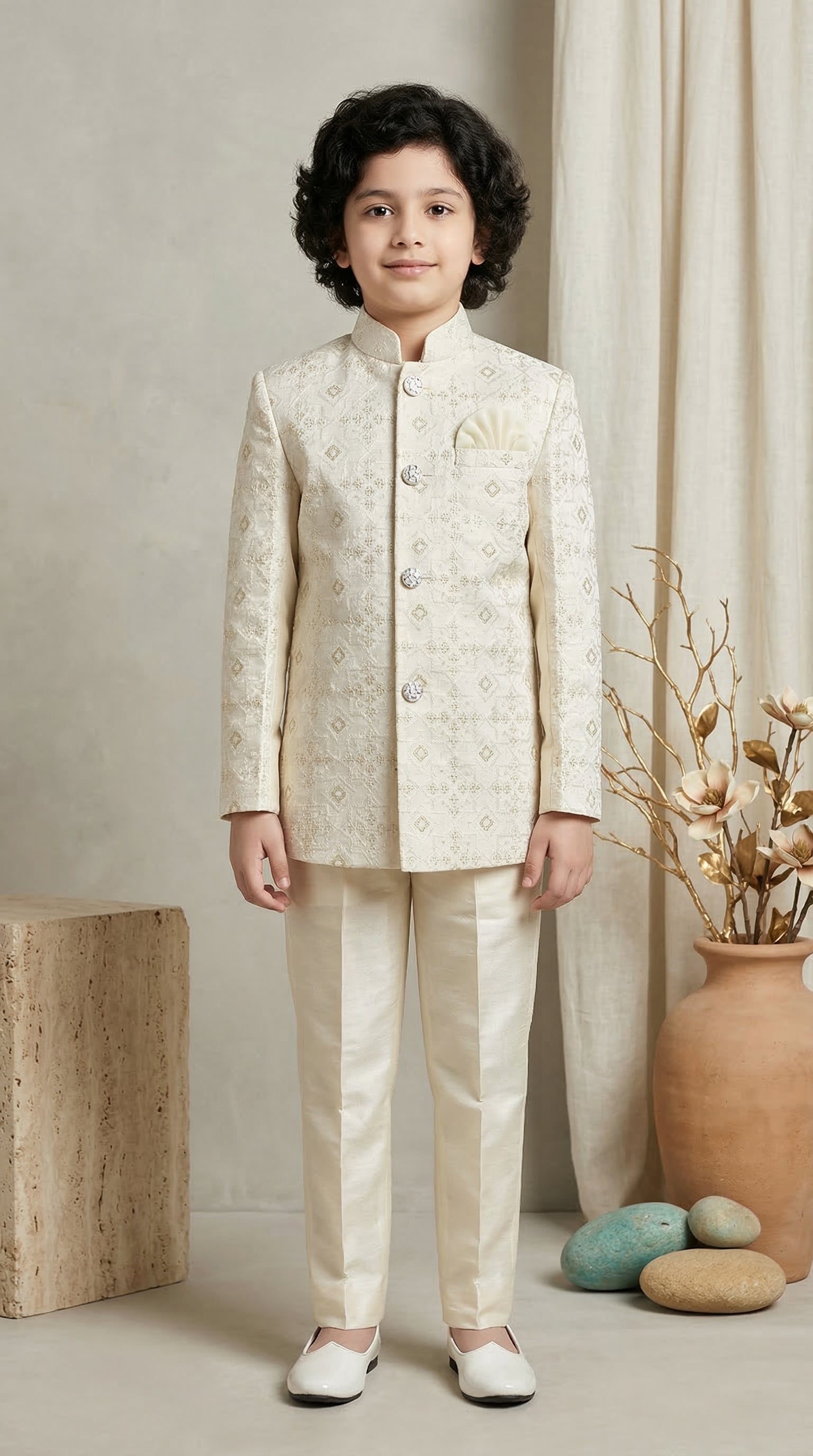 Ahhaaaa Boys Designer Jodhpuri Bandhgala Suit Set - Wine, Pink, Cream (2-11 Years) Cream