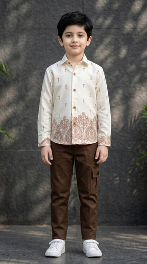 Ahhaaaa Boys Designer Paisley Print Shirt & Cargo Pant Set - Blue, Brown, Pink (2-8 Years) Brown