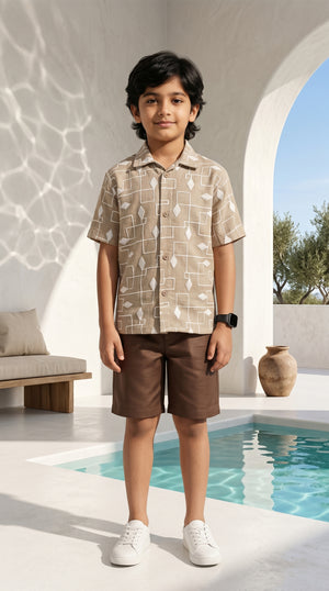 Ahhaaaa Boys 2-Piece Geometric Line-Art Co-ord Set - Brown, Green, Grey (2-12 Years) Brown