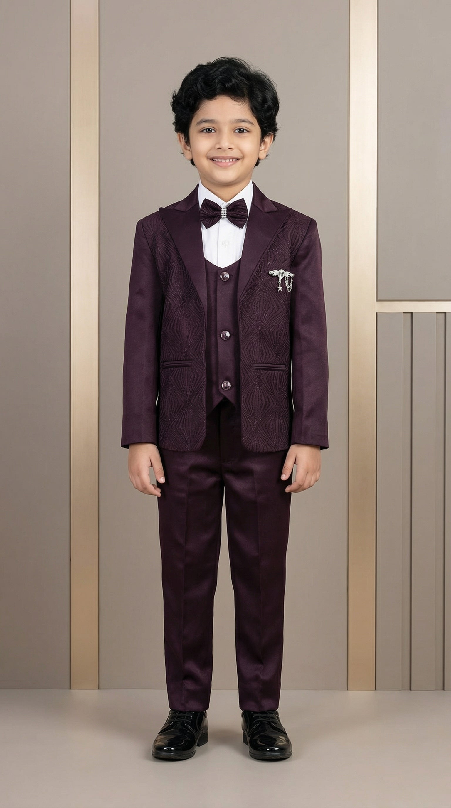 Ahhaaaa Boys Luxury 3-Piece Textured Coat Suit Set (Available in Wine, Black, Navy) Wine