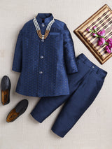 Ahhaaaa Woven Self-Design Boys Sherwani in Bottle Green | Kids Kurta Pajama Set with Mala for Festive Party