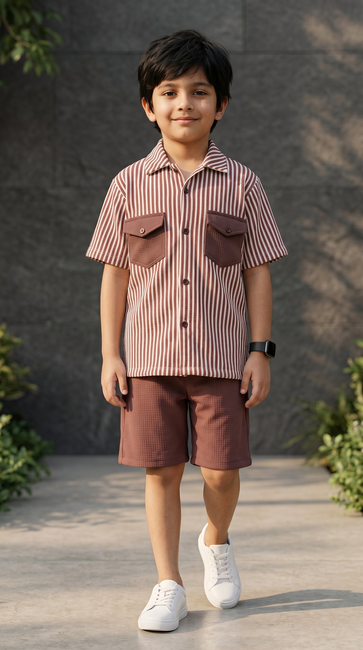 Ahhaaaa Boys 2-Piece Striped Textured Co-ord Set - Shirt & Shorts (Green, Pink, Grey) Pink