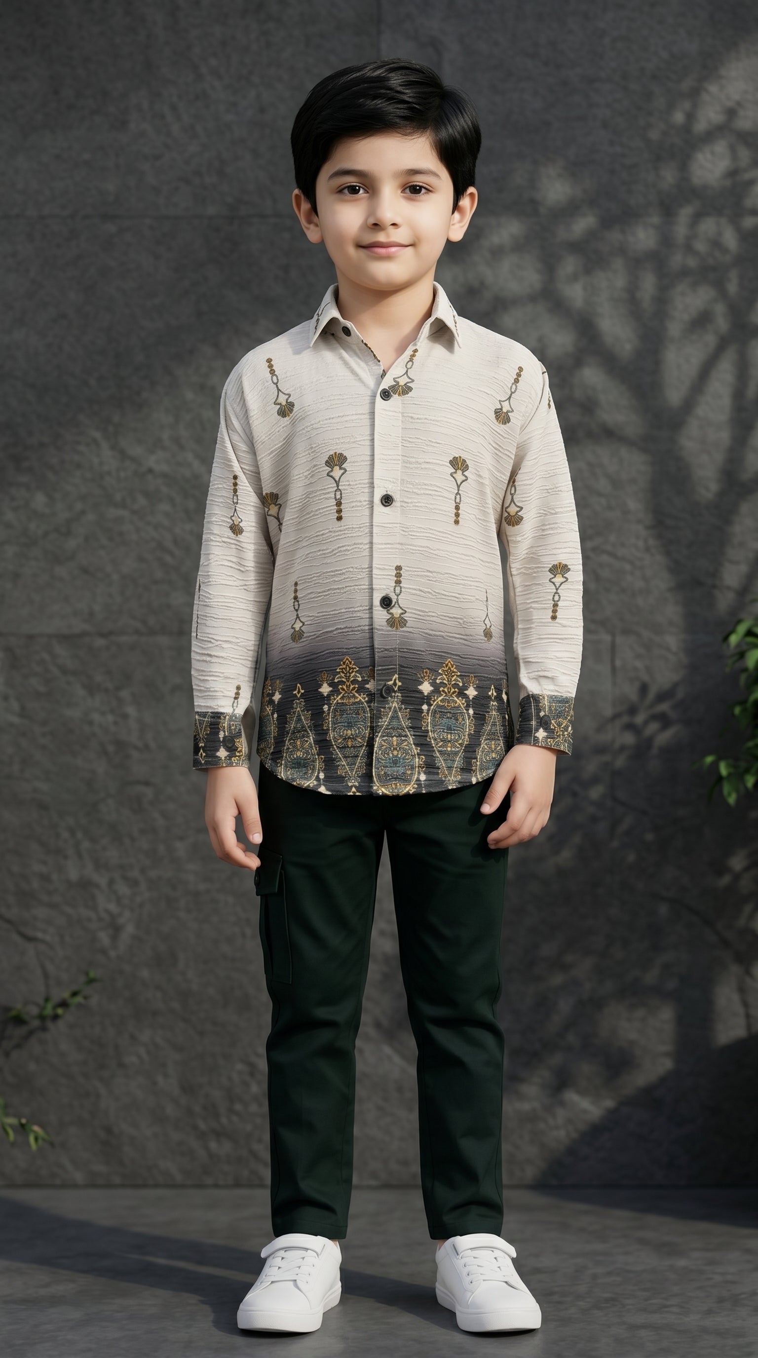 Ahhaaaa Boys Textured Ombre Drop Motif Shirt & Cargo Pant Set - Brown, Green, Pink (2-8 Years) Dark Green