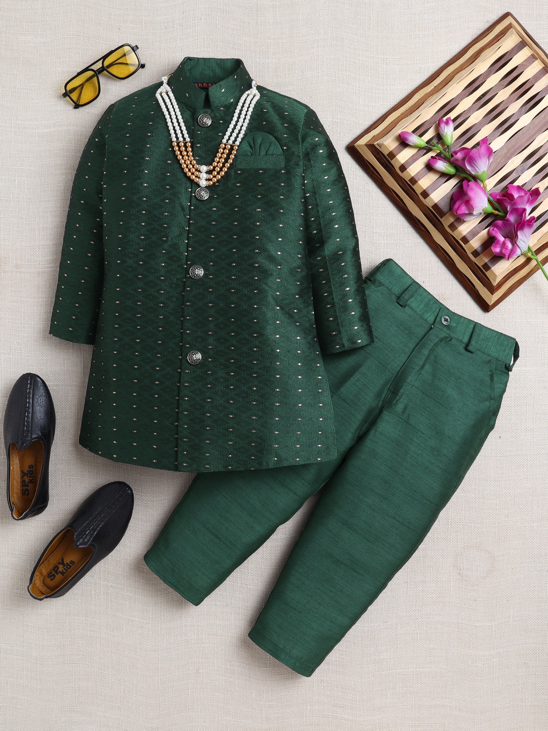Ahhaaaa Woven Self-Design Boys Sherwani in Bottle Green | Kids Kurta Pajama Set with Mala for Festive Party