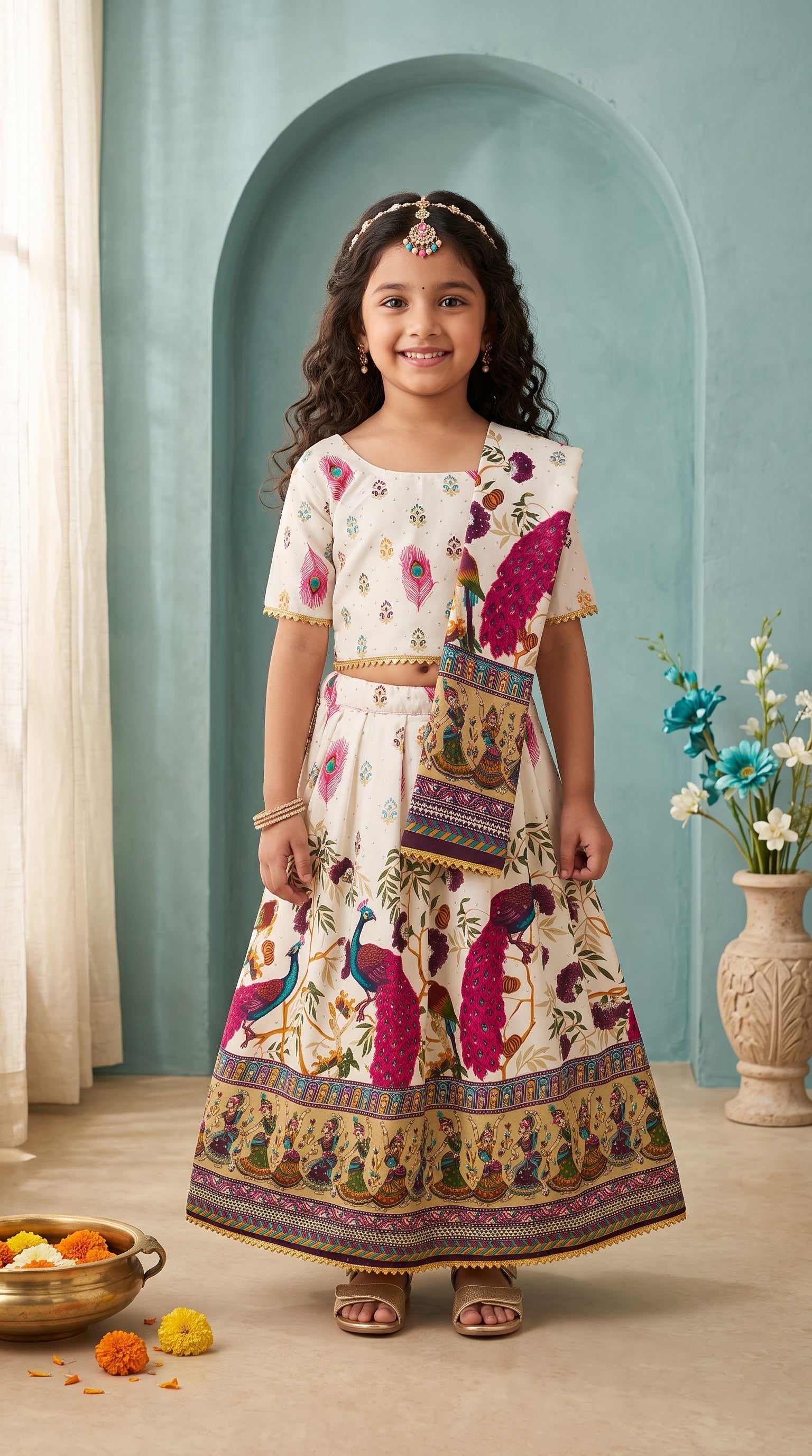 Ahhaaaa Girls' Peacock Kalamkari Print Chaniya Choli | Festive Lehenga Blouse & Draped Dupatta 3-Piece Set Pink
