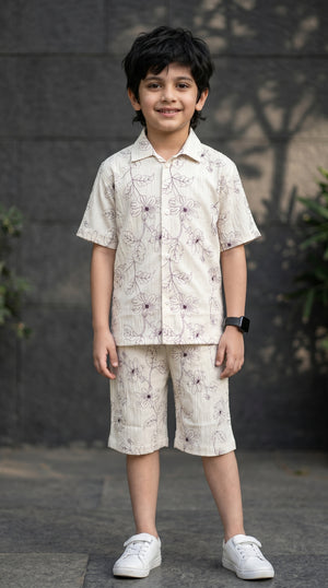 Ahhaaaa Boys 2-Piece Botanical Line-Art Co-ord Set - Shirt & Shorts (Green, Grey, Purple) Purple
