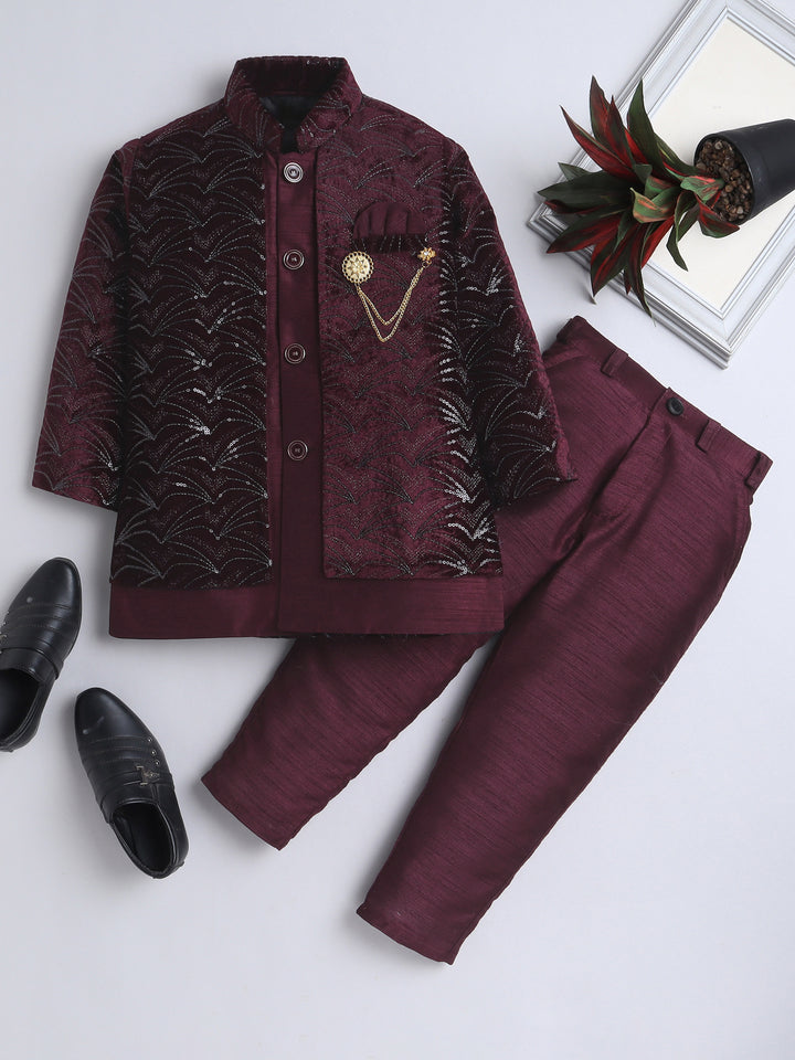 Ahhaaaa Boy's Velvet 2-Piece Indo-Western Set|Kids Sequin Embellished Work, Velvet Sherwani Set Wine