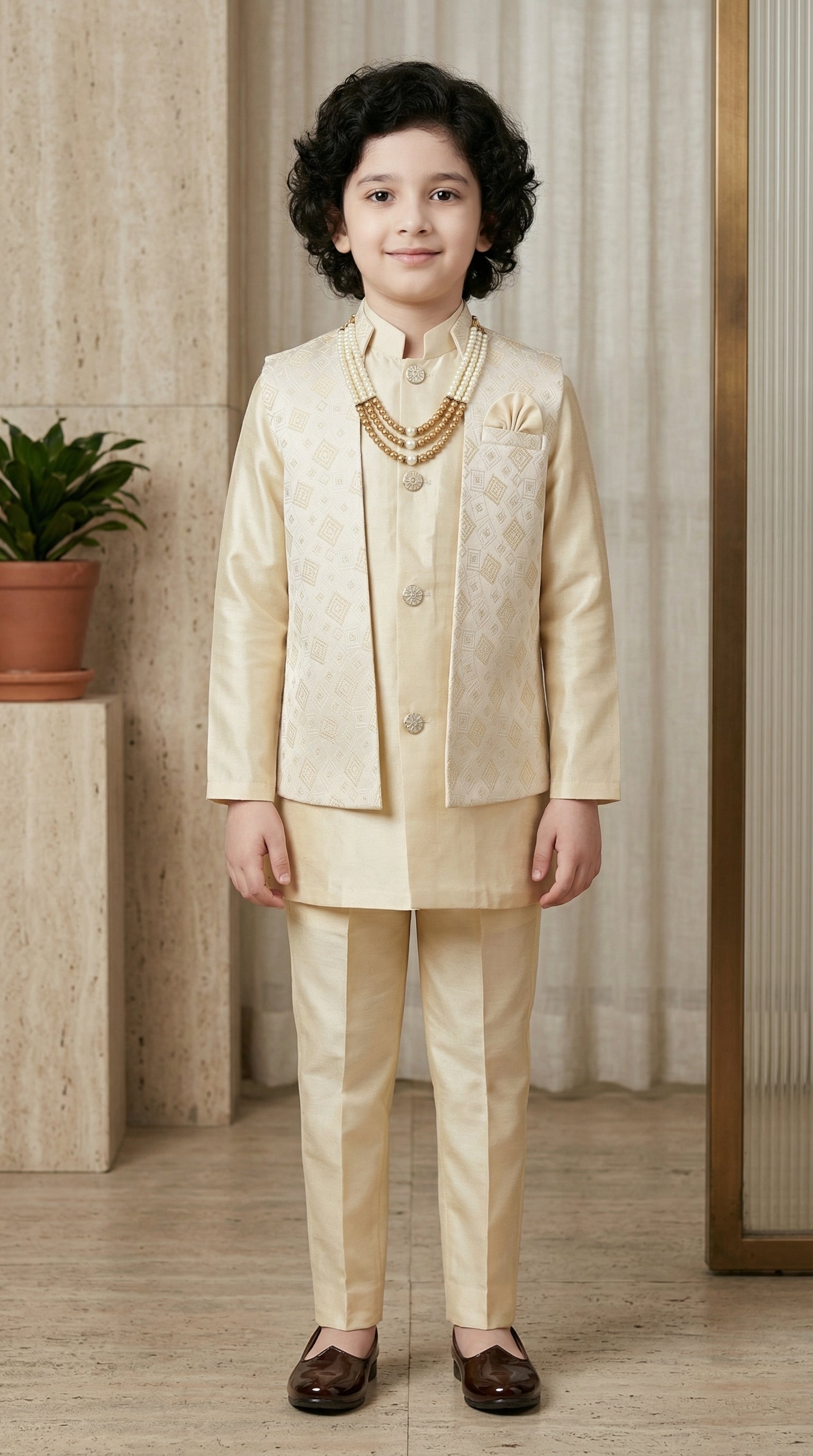 The Royal Diamond Collection: Boys 2-Piece Attached Indo-Western Set Gold