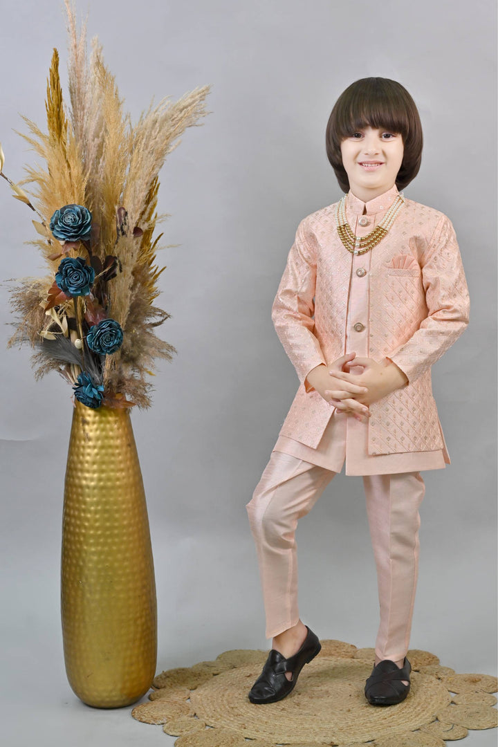 Ahhaaaa Kids Ethnic Jacquard Sequin Embellished Indo-Western Sherwani Set with Maala for Boys