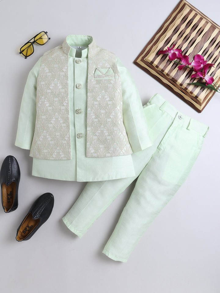 Ahhaaaa Kids Ethnic Silk Blend Waistcoat Kurta Pyjama Sherwani Set For Boys Green