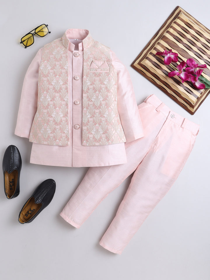 Ahhaaaa Kids Ethnic Silk Blend Waistcoat Kurta Pyjama Sherwani Set For Boys Pink