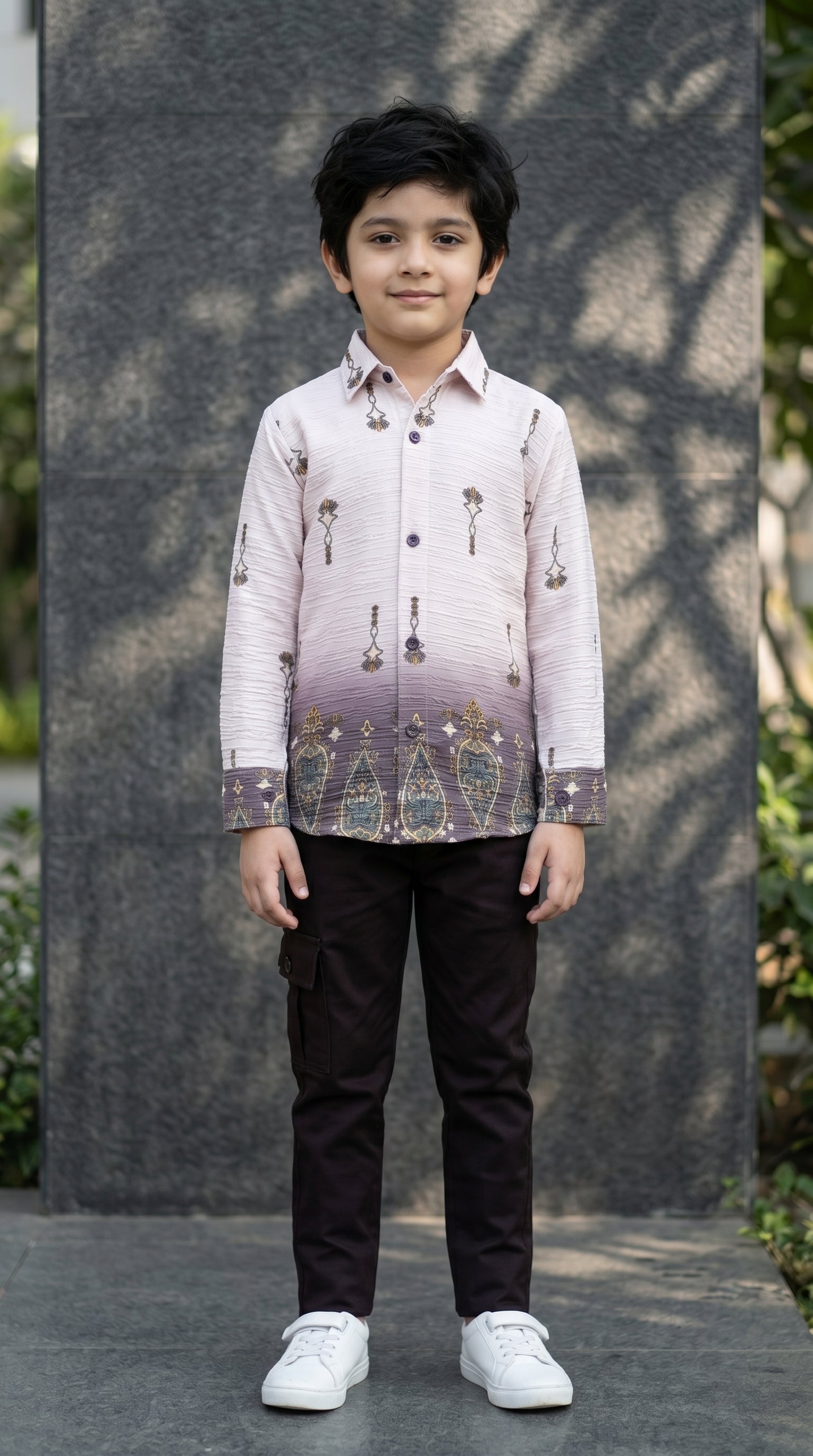 Ahhaaaa Boys Textured Ombre Drop Motif Shirt & Cargo Pant Set - Brown, Green, Pink (2-8 Years) Pink
