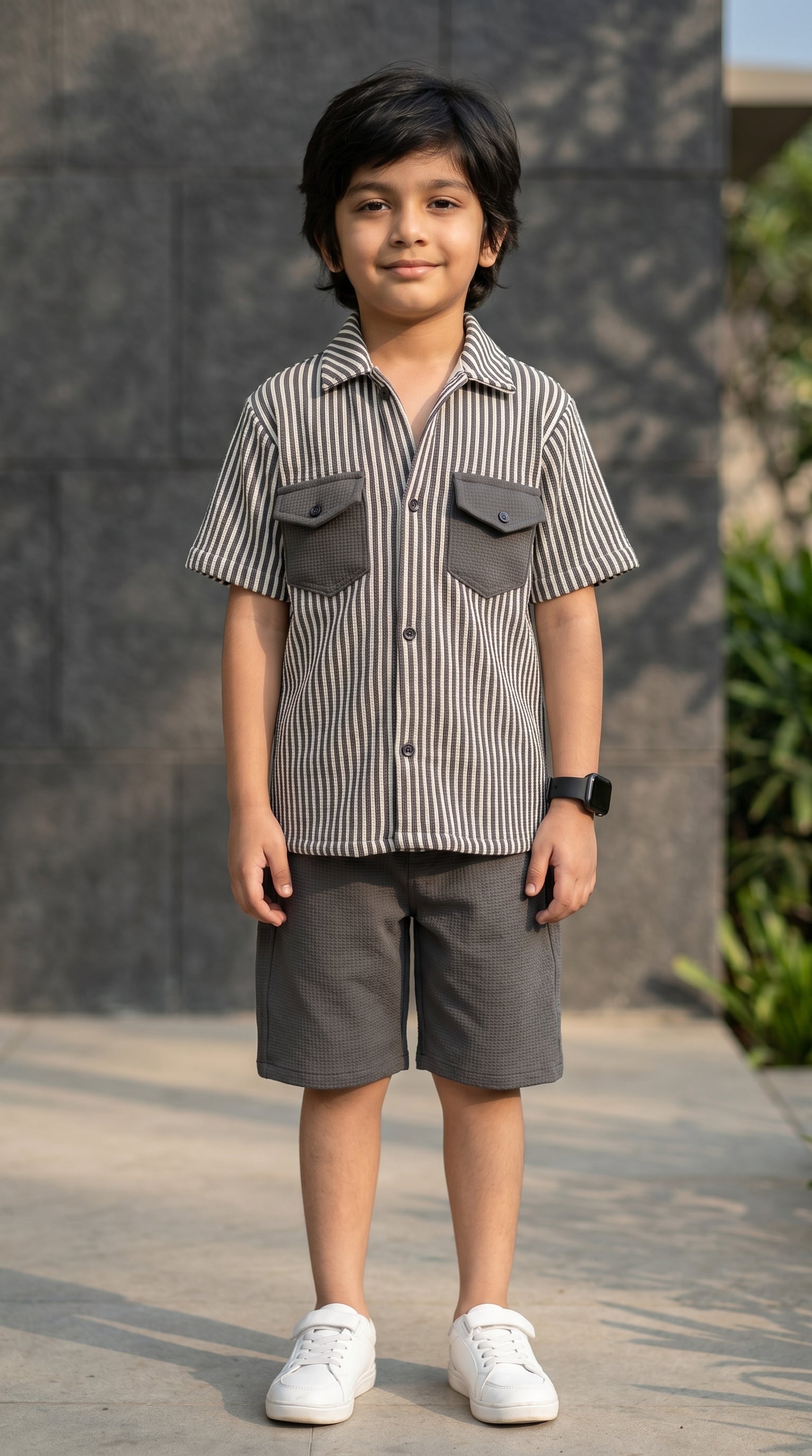 Ahhaaaa Boys 2-Piece Striped Textured Co-ord Set - Shirt & Shorts (Green, Pink, Grey) Gray