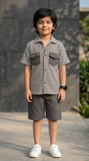 Ahhaaaa Boys 2-Piece Striped Textured Co-ord Set - Shirt & Shorts (Green, Pink, Grey) Gray