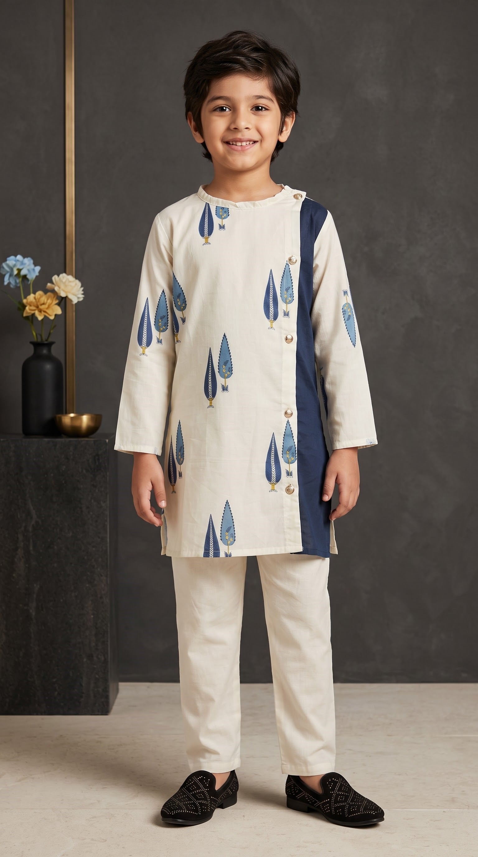 Ahhaaaa Boys 100% Cotton Printed Side-Button Kurta Pajama Set - Blue, Yellow (12M - 7Y)