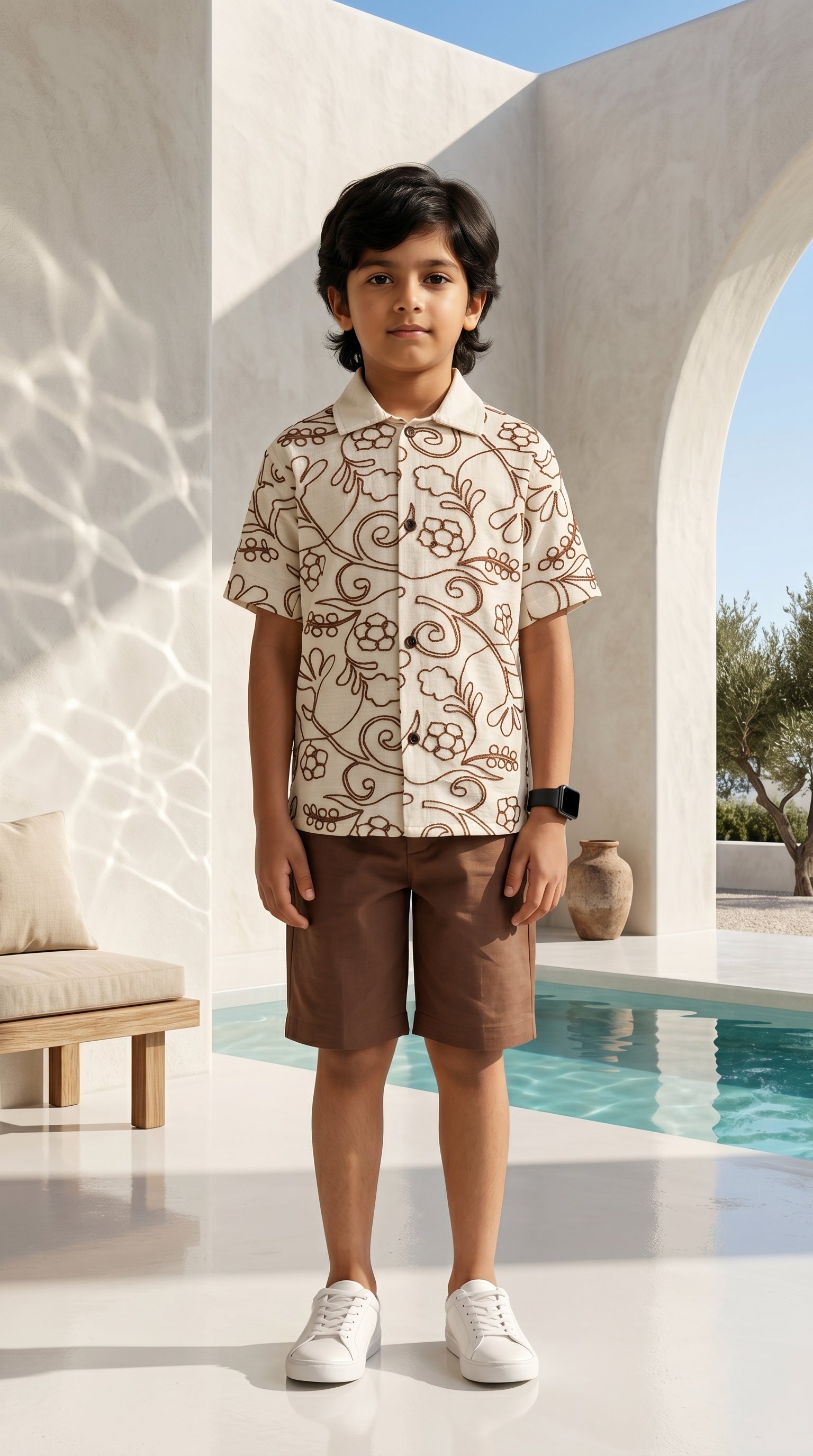 Ahhaaaa Boys 2-Piece Embroidered Floral Vine Co-ord Set - Brown, Green, Grey (2-12 Years) Brown