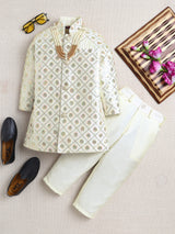 Ahhaaaa Woven Jacquard Boys Indo-Western Sherwani | Kids Kurta Pajama Set with Necklace for Festive, Wedding, Diwali, Eid
