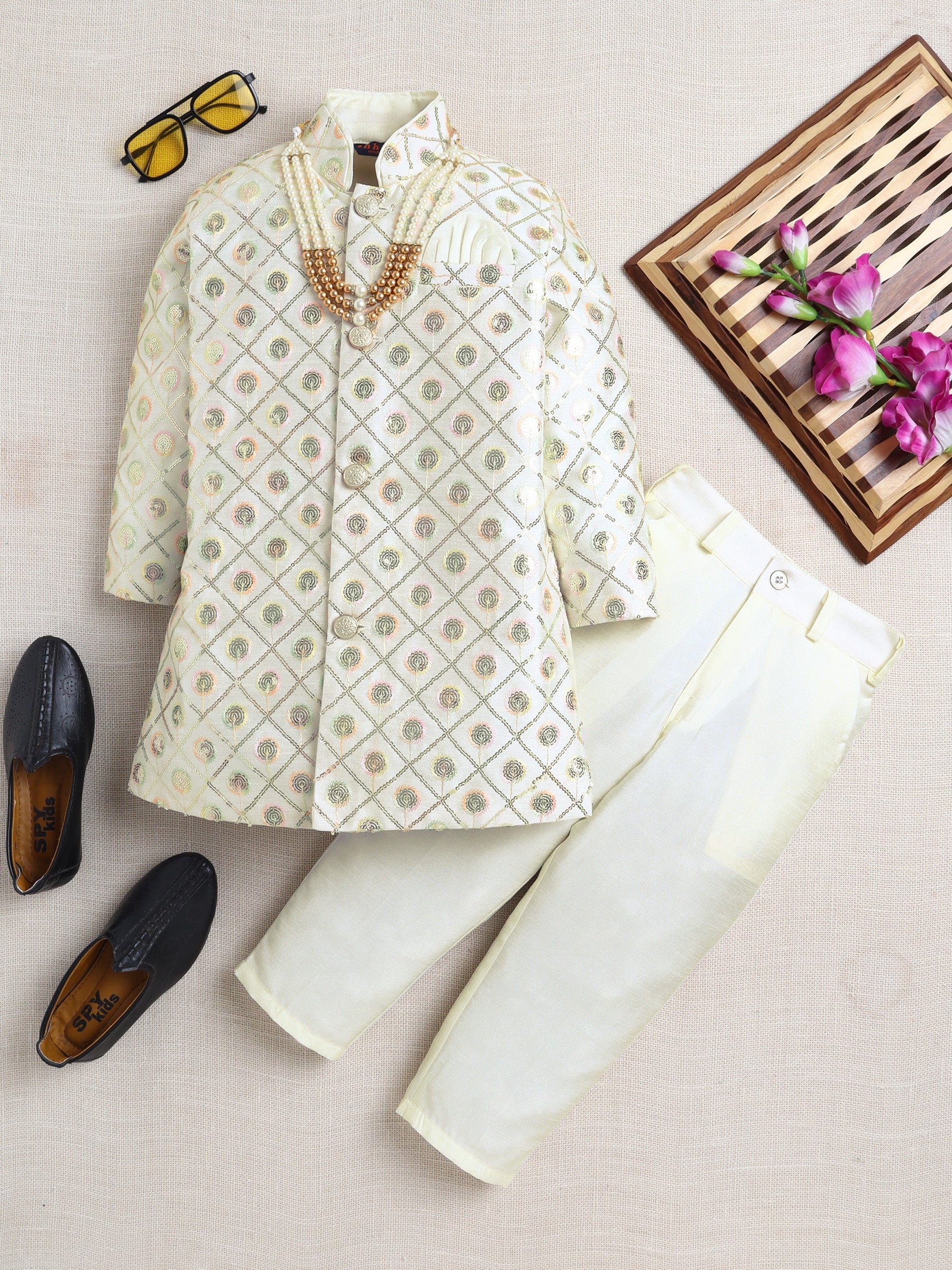 Ahhaaaa Woven Jacquard Boys Indo-Western Sherwani | Kids Kurta Pajama Set with Necklace for Festive, Wedding, Diwali, Eid